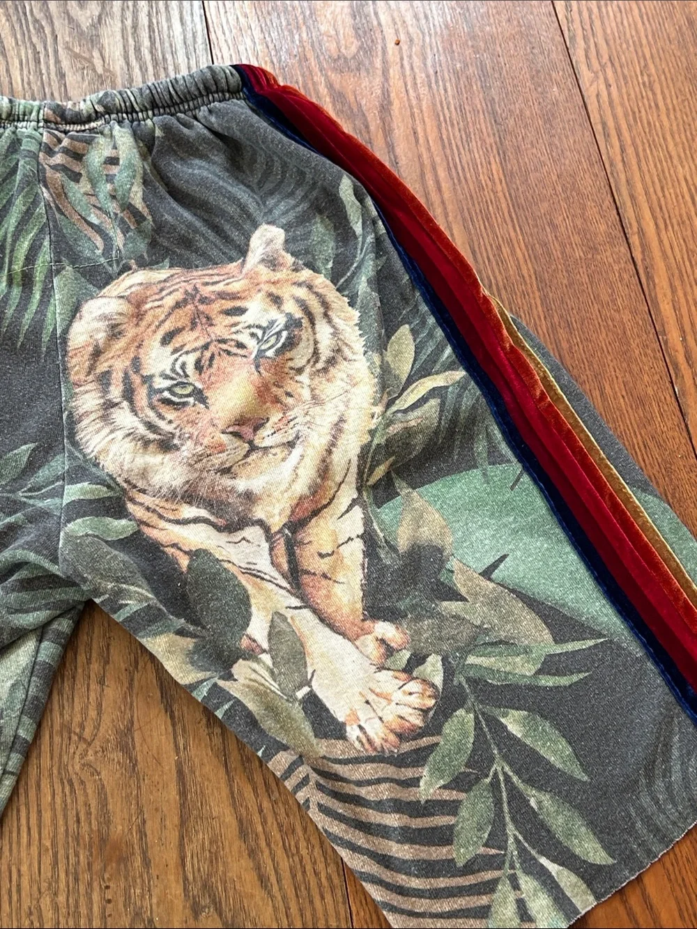 Aviator Nation Green Tropical Tiger Print Unisex Shorts with Red Accent - Picture 9 of 16